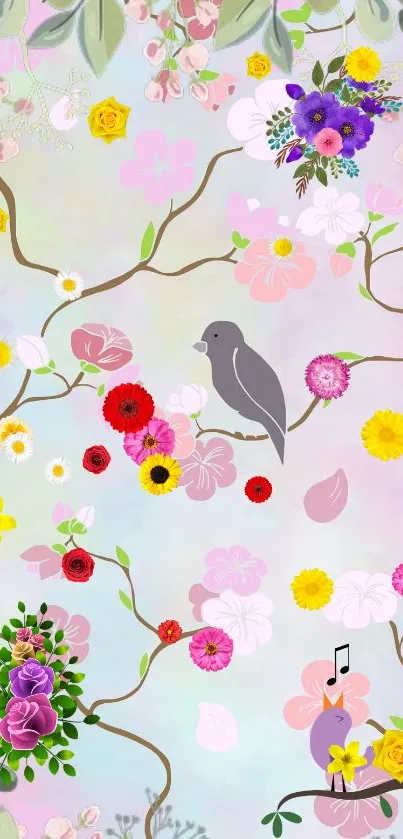 Charming pastel floral wallpaper with birds and blossoms.