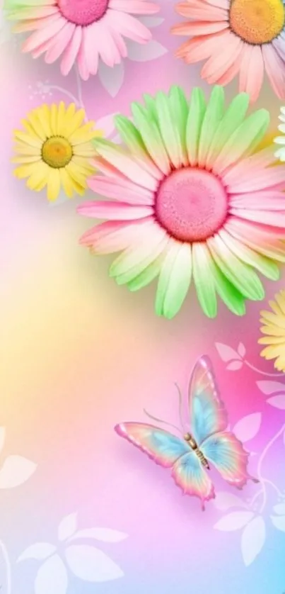 Pastel floral wallpaper with butterfly design.