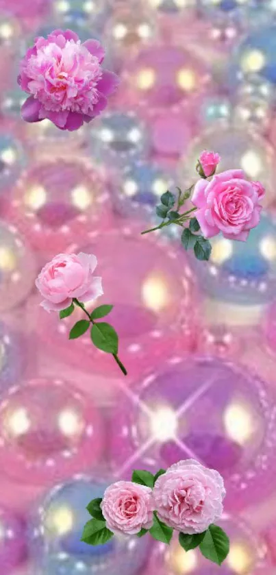 Pink floral and bubble wallpaper with soft pastel tones.