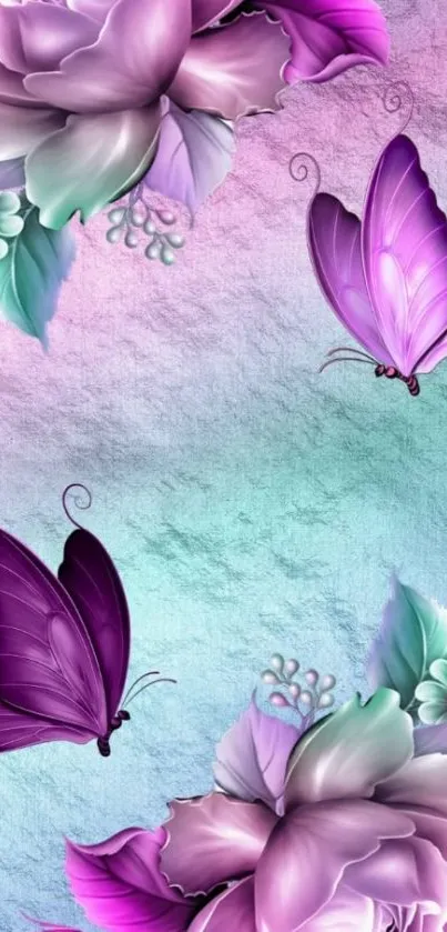 Pastel wallpaper with purple roses and butterflies.