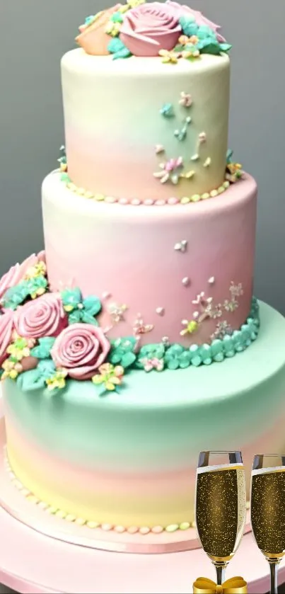 Three-tiered pastel floral cake with roses and intricate decorations.