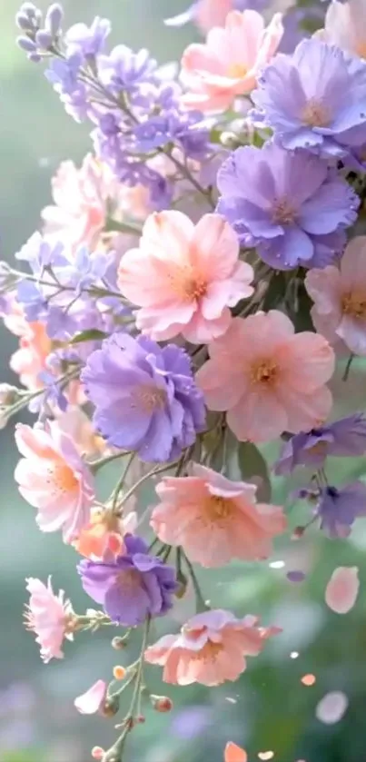 Pastel pink and lavender flowers cascade gracefully.
