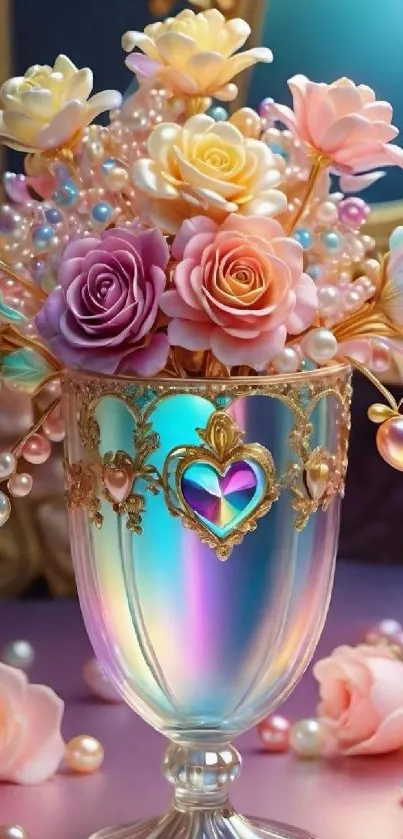 Elegant vase with pastel roses and pearls in vibrant colors.