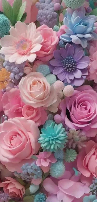 Close-up of pastel flowers in vibrant colors creating a serene wallpaper.