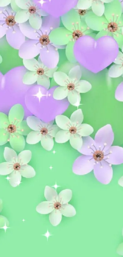 Pastel wallpaper with green and purple flowers and hearts.