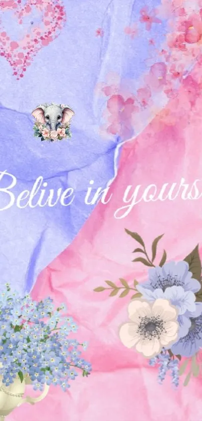Pastel crumpled wallpaper with floral design and 'Believe in yourself' text.