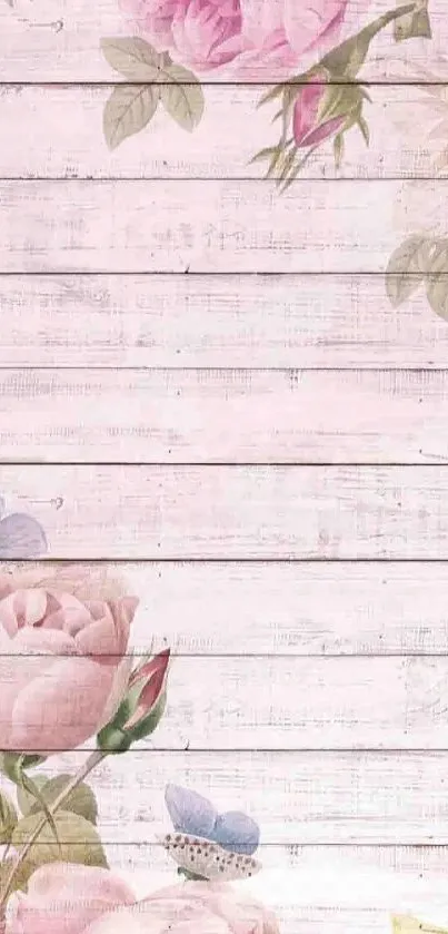 Pastel floral wallpaper with pink roses on wood.