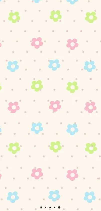 Pastel floral wallpaper with pink, blue, and green flowers on cream background.