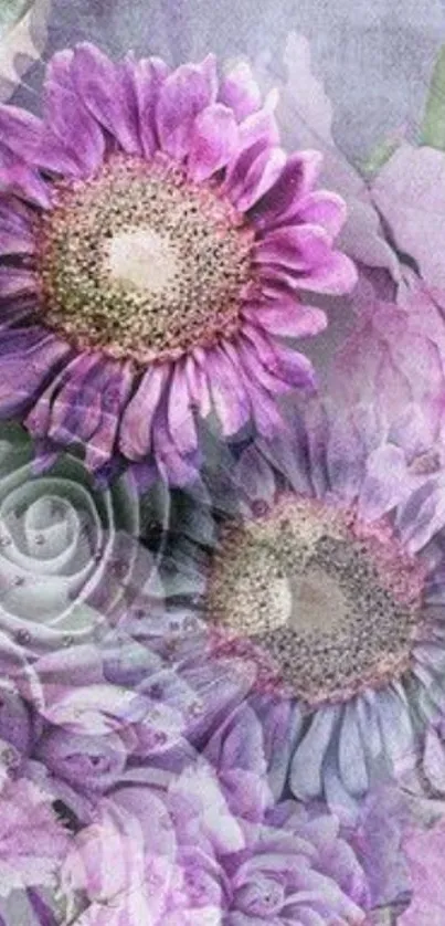 Pastel purple floral wallpaper with daisies.