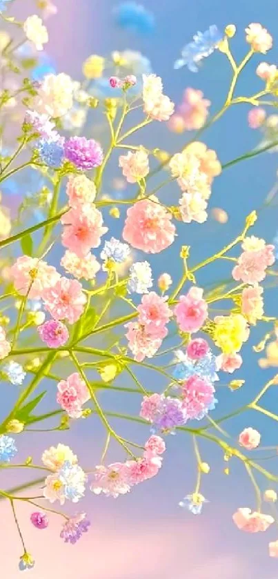Colorful pastel floral design on blue background.