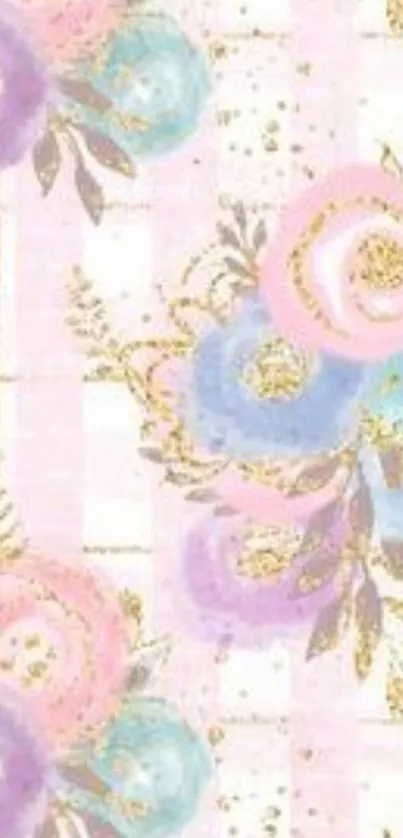 Elegant pastel floral phone wallpaper with gold accents and soft hues.