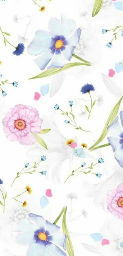 Pastel floral design with pink and blue blossoms on white background.