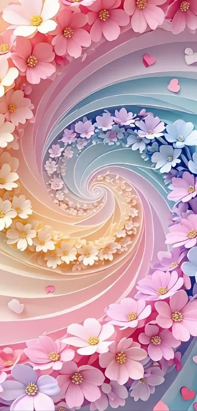 Pastel flower spiral wallpaper with a vibrant pink and blue hue.