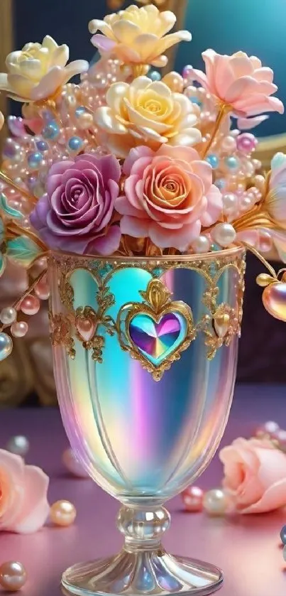 Pastel floral vase with roses and pearls in a heart design.