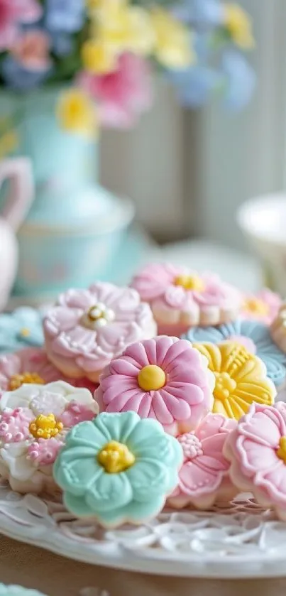 Mobile wallpaper with pastel flower cookies.