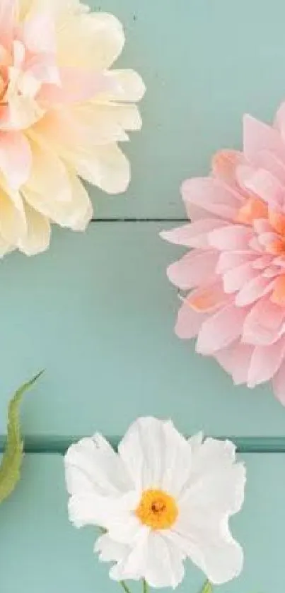 Pastel dahlias and flowers on light blue background wallpaper.