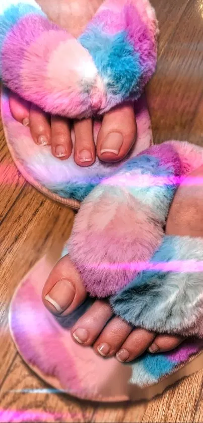 Pastel fuzzy slippers on wooden floor, vibrant colors.