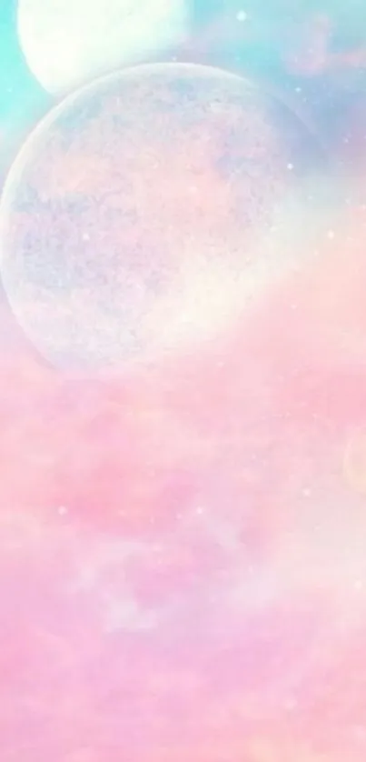 Pastel galaxy wallpaper with planets in pink and blue hues.