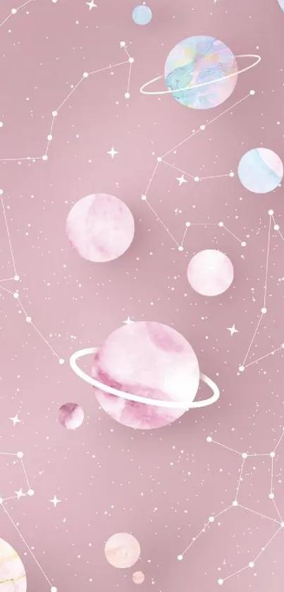 Pastel cosmic wallpaper with planets and constellations on a light pink background.