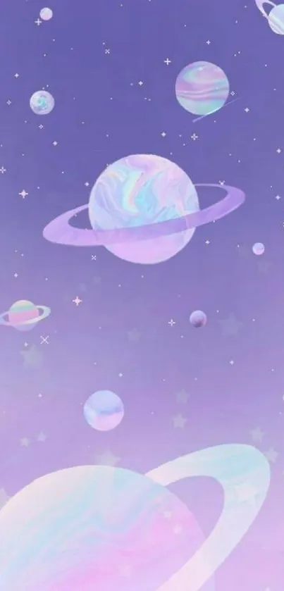 Dreamy pastel galaxy wallpaper with planets and stars.