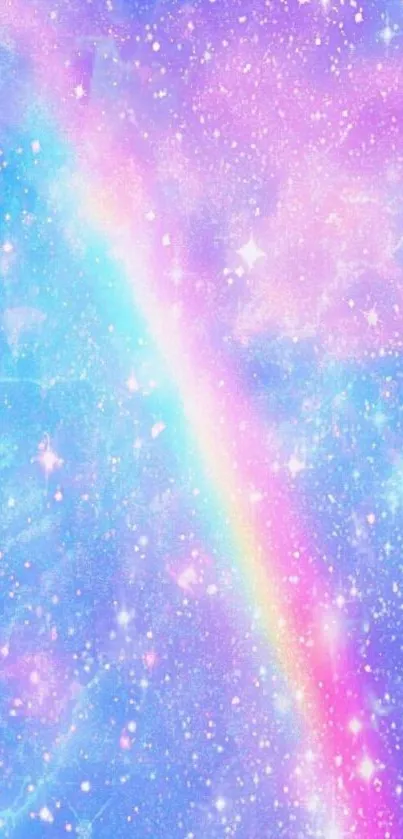 Galaxy wallpaper with pastel blue and pink tones and a rainbow arc.