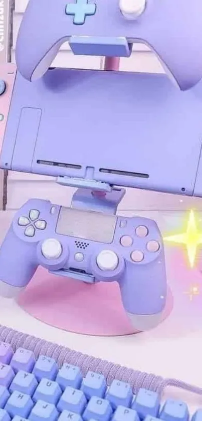 Pastel-themed gaming setup with controllers and keyboard.