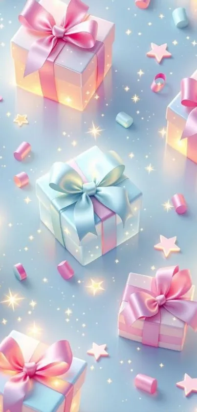 Pastel gift boxes with ribbons and stars on a phone wallpaper.