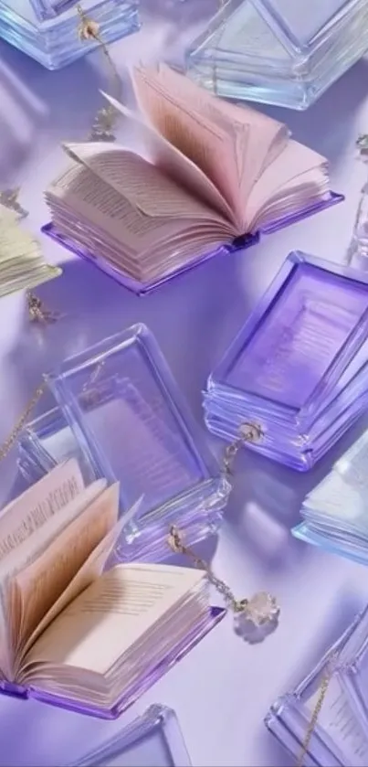 Pastel glass books arranged in artistic style.