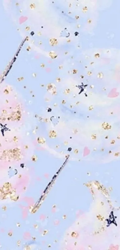 Dreamy pastel wallpaper with golden glitter accents in watercolor style.