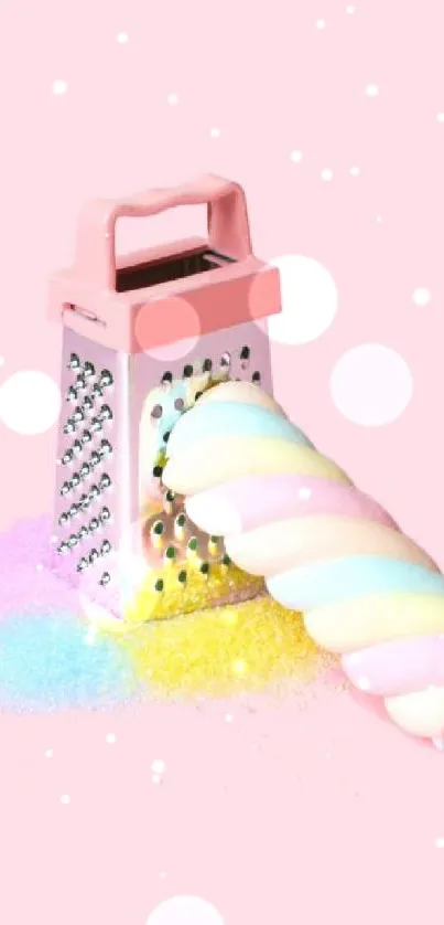 Pink grater with marshmallow and sprinkles on pastel background.