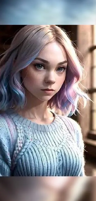 A portrait of a young woman with pastel purple and blue hair in a cozy setting.