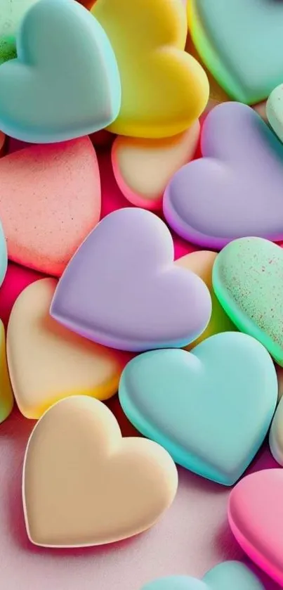 Colorful pastel heart shapes in a vibrant wallpaper design.