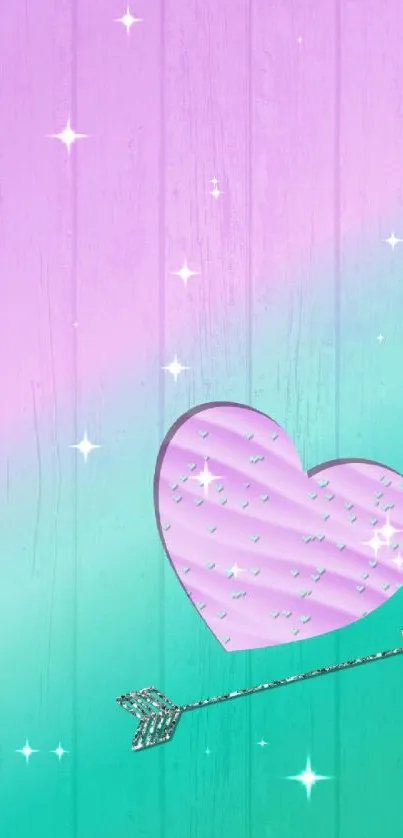 Pink and mint gradient wallpaper with textured heart and arrow.