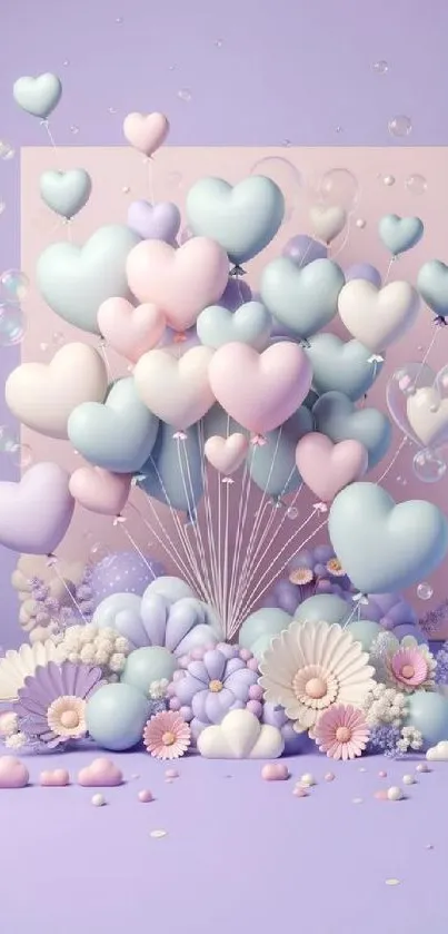 Pastel heart balloons with floral accents on a lavender background.