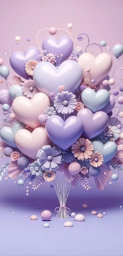 Pastel heart bouquet with flowers in lavender and pink hues, perfect for mobile wallpaper.