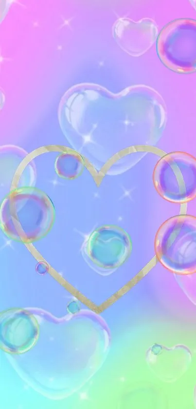 Pastel heart wallpaper with bubbles and sparkling gradient design.