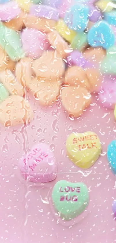 Pastel heart candy with sweet messages on a pink background with raindrop overlay.