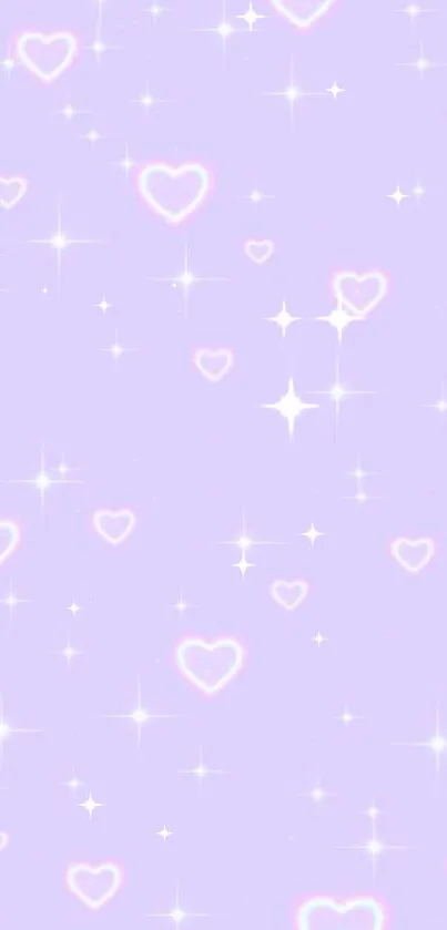 Purple wallpaper with pastel hearts and sparkling stars.