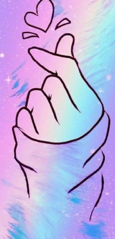 Vibrant pastel wallpaper with hand and heart gesture, stars in background.