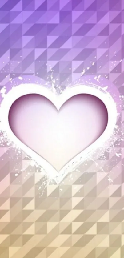 Heart-shaped design on geometric purple background.