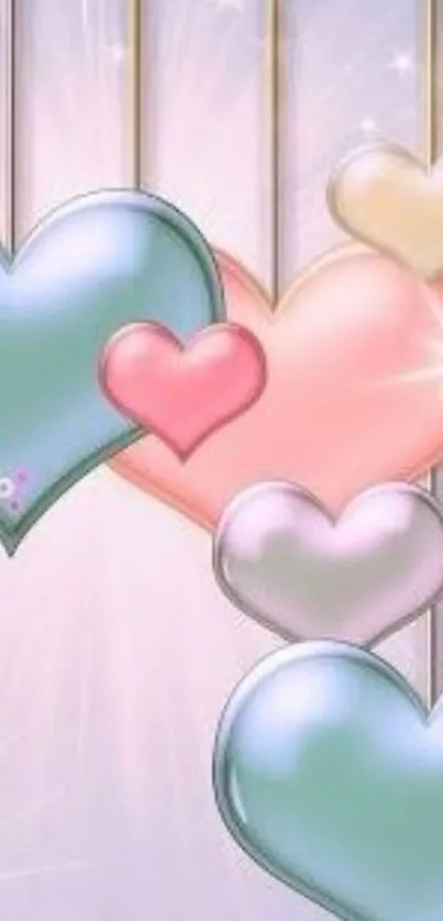 Pastel-themed heart mobile wallpaper with glowing hearts.