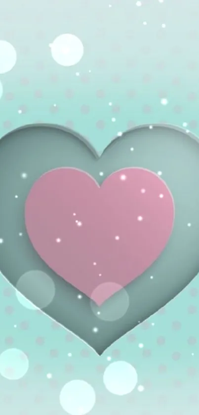 Teal and pink layered heart wallpaper with polka dots.