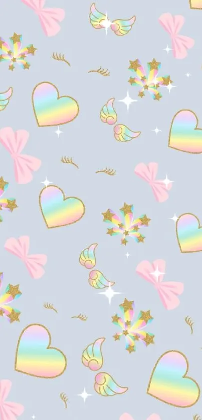 Whimsical pastel wallpaper with hearts, stars, and wings on light blue.