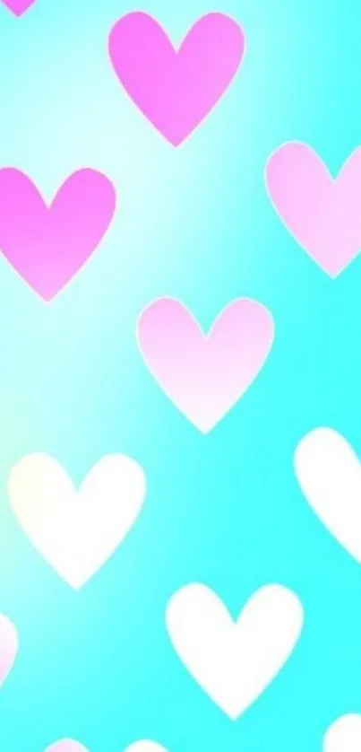 Turquoise wallpaper with pink and white hearts pattern.