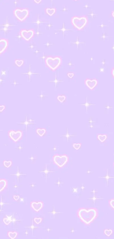 Pastel purple wallpaper with pink hearts and sparkles.