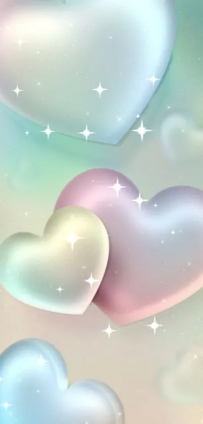 Pastel hearts with sparkles on a dreamy background.