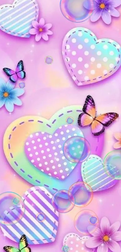 Pastel hearts and butterflies phone wallpaper.