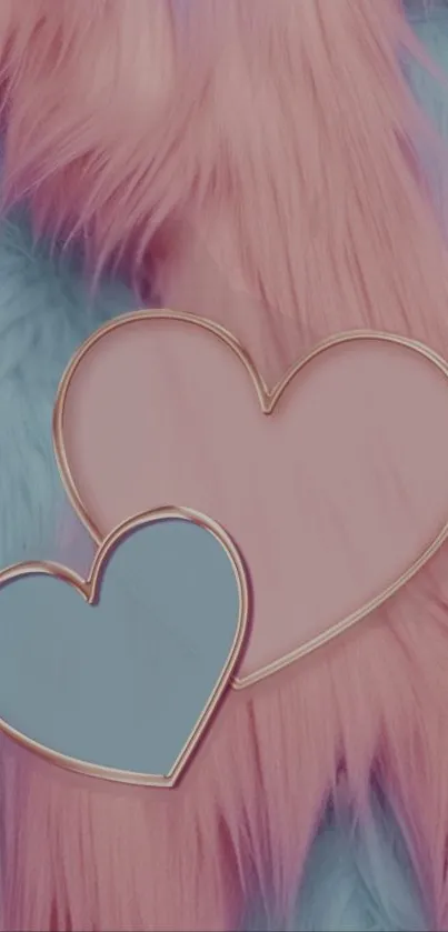 Pastel pink and blue heart wallpaper with fur texture.