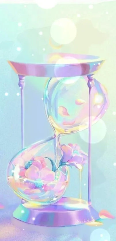 Pastel hourglass with flowers and light bokeh effect.