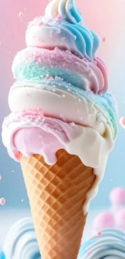 Pastel ice cream cone with colorful scoops.